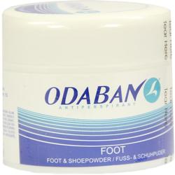 Weiße Dose mit der Aufschrift "Odaban Fuß- und Schuhpuder".